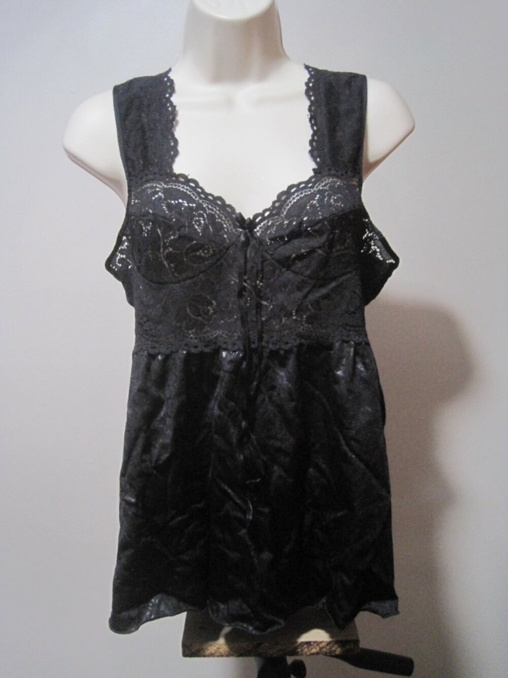 Unbranded Women's Small Lingerie Babydoll Black Satin Lace Sleeveless Slip Dress